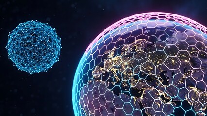 Digital Globe Protected by a Glowing Hexagonal Shield Grid Against a Dark Space Background, Cybersecurity, Global Safety, and Network Protection