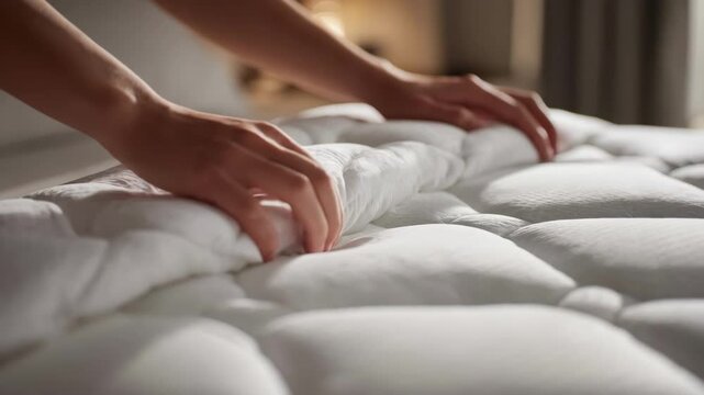 Medium shot of hands adjusting breathable temperature adaptive bedding that regulates warmth showcasing innovative fabric designed for restful sleep.