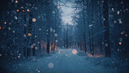 Snowy woodland with a curving path and colorful bokeh lights, highlighting seasonal transition and landscape maintenance