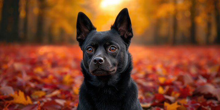 Close-up of a black schipperke dog with bright eyes amidst colorful maple leaves during fall, seasonal change