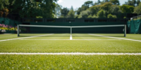Fototapeta premium Grass tennis court surface with net, suitable for athletic competition