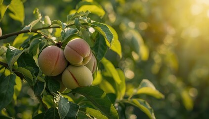 Peach fruit still green and developing on tree branch, focusing on fruit maturation process