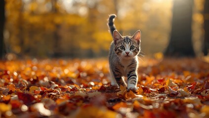 A tiger-striped cat walking through a deciduous woodland during fall, highlighting wildlife adaptation