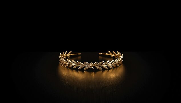 Headband featuring a golden laurel wreath set against a black background, ornamental design
