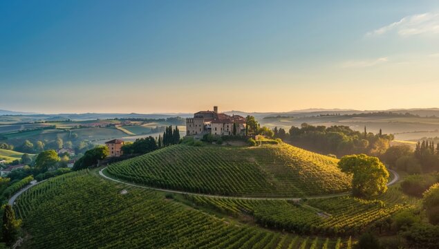 Costigliole d'Asti seen from above within the scenic Monferrato and Langhe areas, focusing on agricultural patterns, Earth Day