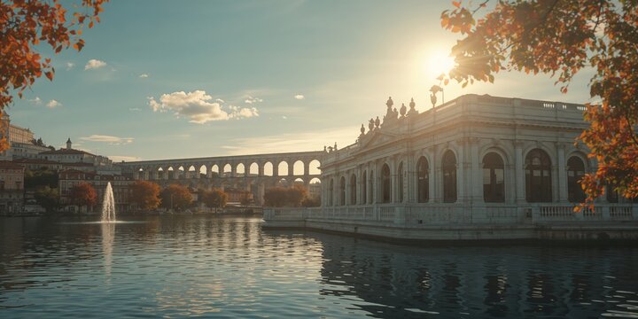 Historic aqueduct structure at a Lisbon train station on a bright sunny day, showcasing architectural design