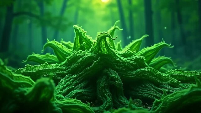 Dynamic strands explode fiber thread mesh, weaving bold designs against a green background, with gentle mist swirling in a surreal, otherworldly setting at dawn.