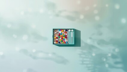 A collection of pharmaceuticals in a box against a vibrant background, highlighting medication storage and compliance
