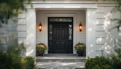Residential entrance featuring a black door, white wall, light fixtures, and decorative potted plants, exterior decor