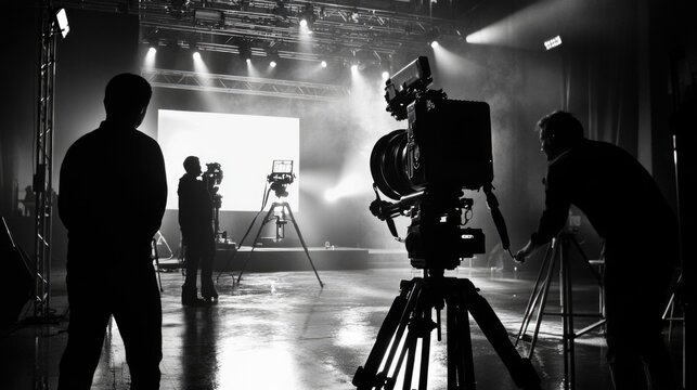 Filming interview. Behind the scene concept. Cameraman working on professional camera taking film interviewer interview celebrity people making news