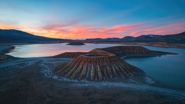 Sunset lighting over lake with pseudo craters illustrating geological features