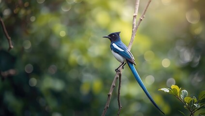 Blue Magpie bird nestled in lush foliage, highlighting native species conservation, Earth Day