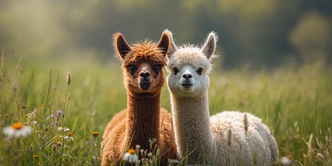 Pair of inquisitive alpacas gazing at the camera in a vibrant pasture, highlighting livestock interaction