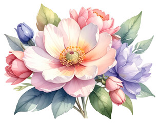 Beautiful watercolor pastel spring flowers bouquet clipart isolated on white