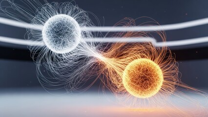 Two glowing orbs, white and orange, with swirling energy streams connecting