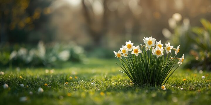 Garden scene with blooming narcissus flowers, illustrating early spring flowering