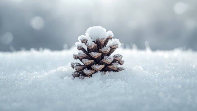 Snow-covered pine cone, winter landscape, Earth Day - Powered by Adobe