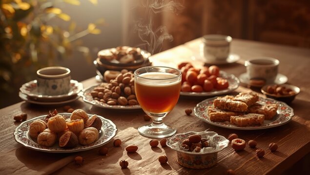 Traditional Azerbaijani tea presentation with glassware, dried fruits, nuts, and jams, highlighting cultural customs