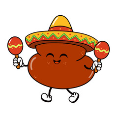 Happy cartoon bean character wearing sombrero playing maracas