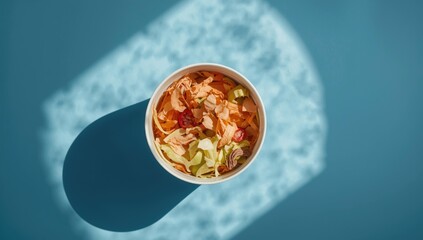 Kitchen waste in white compost container on blue background highlighting composting process for environmental awareness