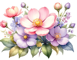 Elegant pastel spring flowers and leaves bouquet watercolor illustration