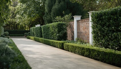 Bushes and fences border a concrete walkway, providing a natural barrier in a landscaped area, environmental preservation