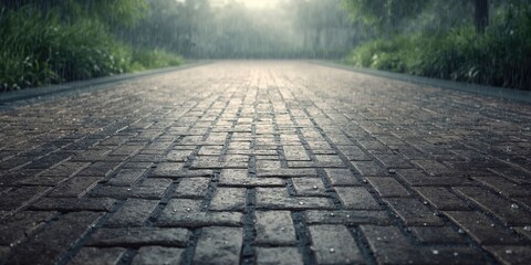Cement brick floor with patterned paving tiles used as a background for layout design, architectural surface