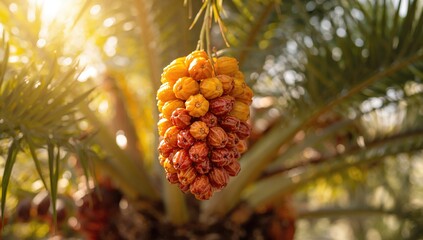 Detailed view of dates in various colors on a palm, illustrating the ripening process and fruit maturity