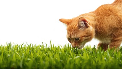 Red cat grazing on vibrant sprouted oats for natural nutrition, animal wellness