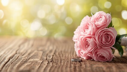 Bride's bouquet featuring pink ranunculus and wedding ring, floral design for ceremony