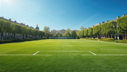 Obraz premium Unmarked football field in Europe used as a layout background for sports event promotion or signage