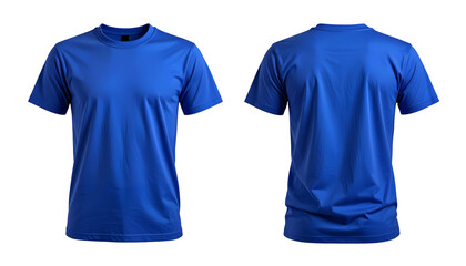 Front and back views of a solid blue crew-neck t-shirt against a black background