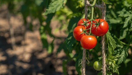 Vivid tomatoes ripening on a garden vine, showcasing natural food sources for diet planning