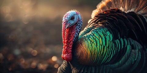 Close-up of a turkeys head and feathers, suitable for a text layout or editorial header background