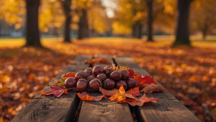Conker and leaf resting on a bench in an autumn park, highlighting seasonal foliage