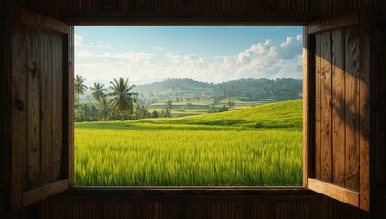 A rural rice field seen through a window of a traditional hut highlighting farming practices