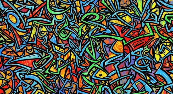 Chaotic, vibrant, seamless pattern of stylized, interconnected street art forms