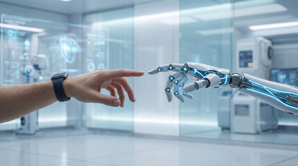 In a futuristic laboratory setting, a human hand gently reaches out to touch the fingertip of a sleek, advanced robot hand, symbolizing the meeting of organic and artificial intelligence.