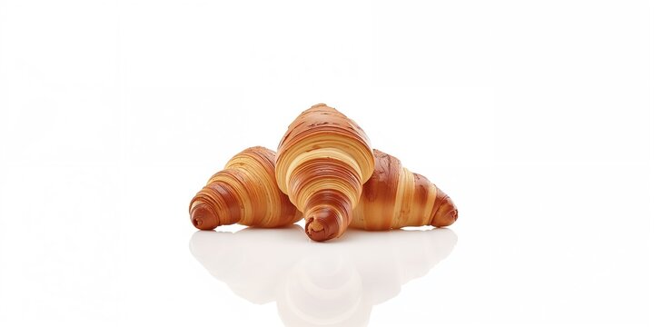 Baked croissants arranged on white surface with reflective surface, suitable for bakery display