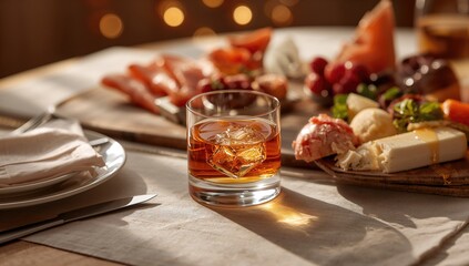 Glass of whiskey with brunch, highlighting moderation in alcohol consumption for social events