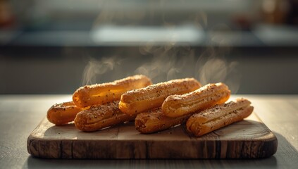 Puff pastry sticks with sesame seeds, highlighting flaky layers for culinary display