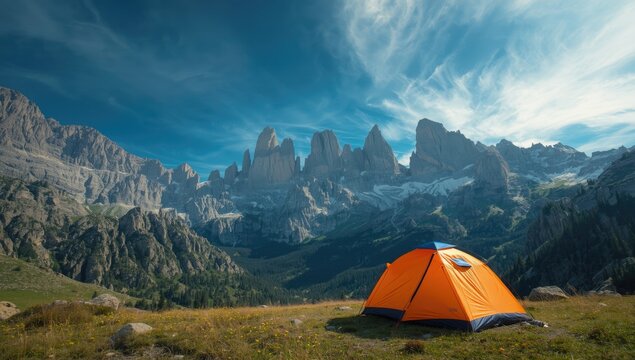 Camping gear positioned among rocky mountain slopes, highlighting outdoor adventure and wilderness resilience