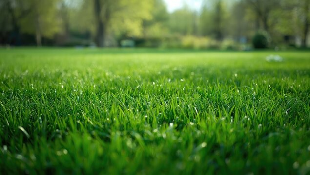 Closeup of a freshly mowed lawn, park setting, emphasizing maintenance for landscape care.