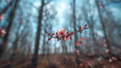 Alder catkins on a flowering branch in a spring forest at midday, suitable for seasonal design backgrounds