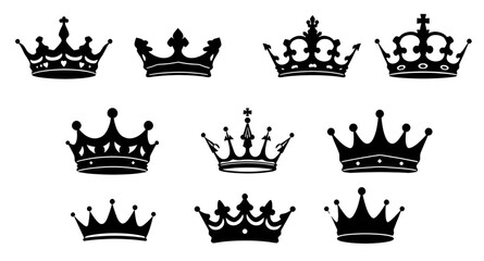 set of crowns vector silhouettes, royal crown shapes, king and queen crown icons, silhouette tiara collection, imperial crown outlines, monarchy symbol set, noble crest crown vector, luxury royal silh © mrpixel