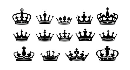 set of crowns vector silhouettes, royal crown shapes, king and queen crown icons, silhouette tiara collection, imperial crown outlines, monarchy symbol set, noble crest crown vector, luxury royal silh © mrpixel