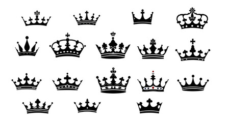 set of crowns vector silhouettes, royal crown shapes, king and queen crown icons, silhouette tiara collection, imperial crown outlines, monarchy symbol set, noble crest crown vector, luxury royal silh © mrpixel