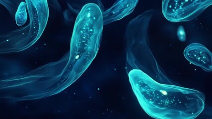 Floating microscopic cells with glowing specks against dark backdrop