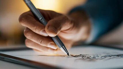 Medium shot focusing on a digital signature being applied to an artwork file ensuring tamperproof ownership verification.