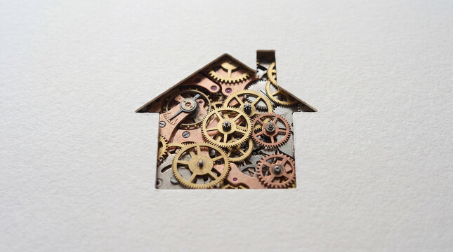 A paper cutout of a house reveals a complex network of gears and clockwork mechanisms, suggesting the intricate systems and processes that keep a home functioning.